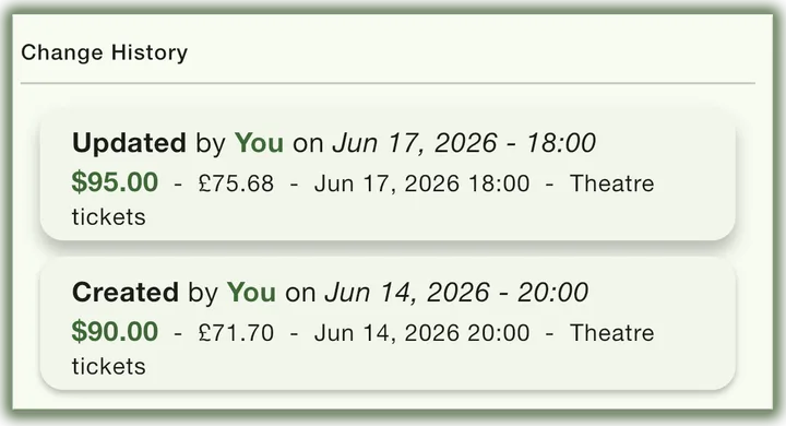 The change history from that screen — updated by You on Jun 17 2026, created by You on Jun 14 2026