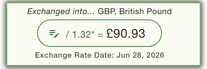 The live conversion from that screen — $120 exchanged into GBP at 1.32, £90.93