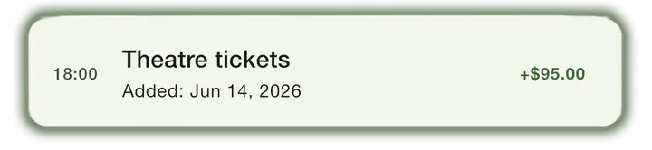 A history entry lifted from Maria’s screen: Theatre tickets, added Jun 14 2026, +$95.00