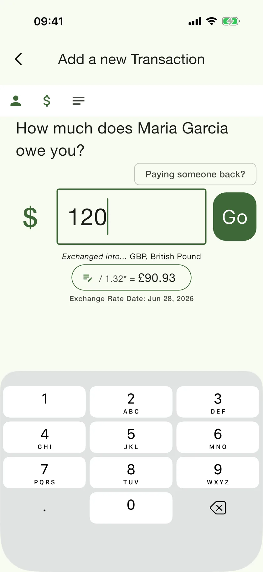 Adding a transaction in PayMeLater — $120 converted into £90.93 at the live rate