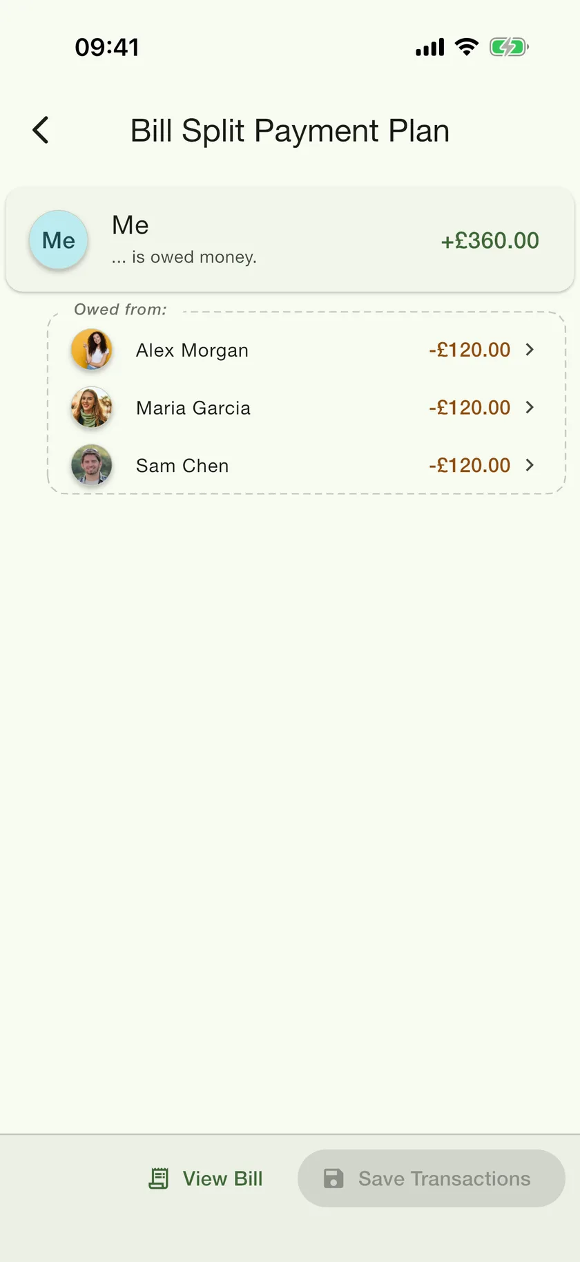 PayMeLater bill split payment plan — Me is owed £360.00, with £120.00 owed from Alex, Maria and Sam