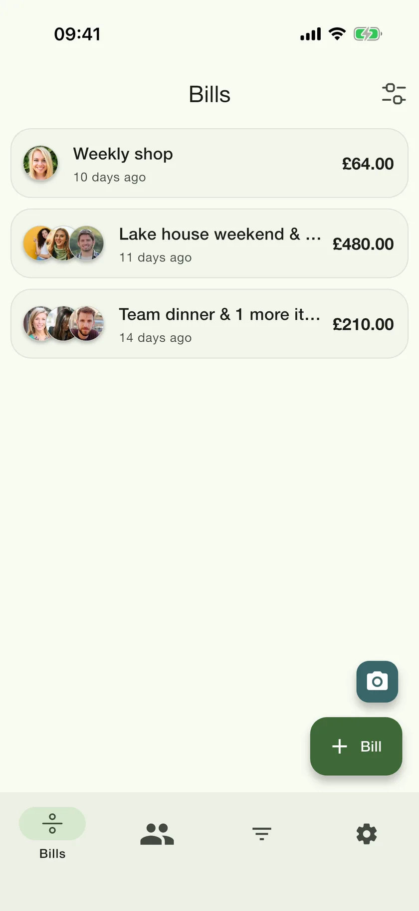 PayMeLater bills list — weekly shop, lake house weekend and team dinner, each with group avatars and totals