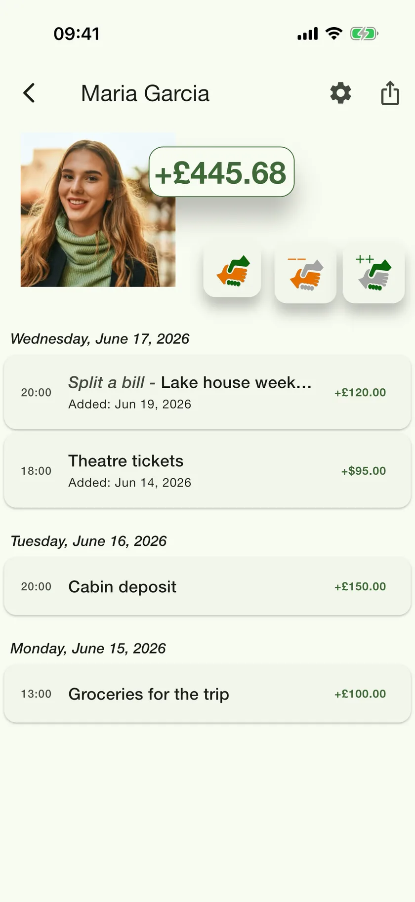 Maria Garcia’s history in PayMeLater — a +£445.68 balance above dated entries like theatre tickets and the cabin deposit