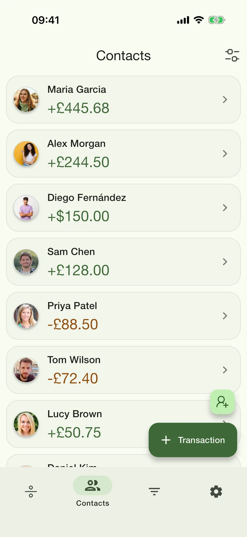 PayMeLater contacts screen with friends’ balances in green and orange