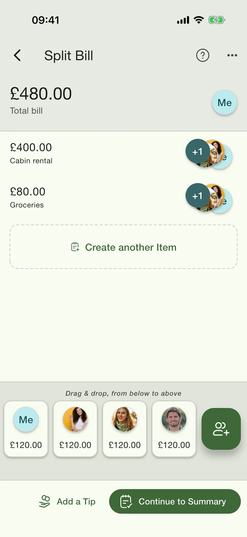 PayMeLater split-bill screen — cabin rental and groceries as items, with draggable people chips worth £120 each