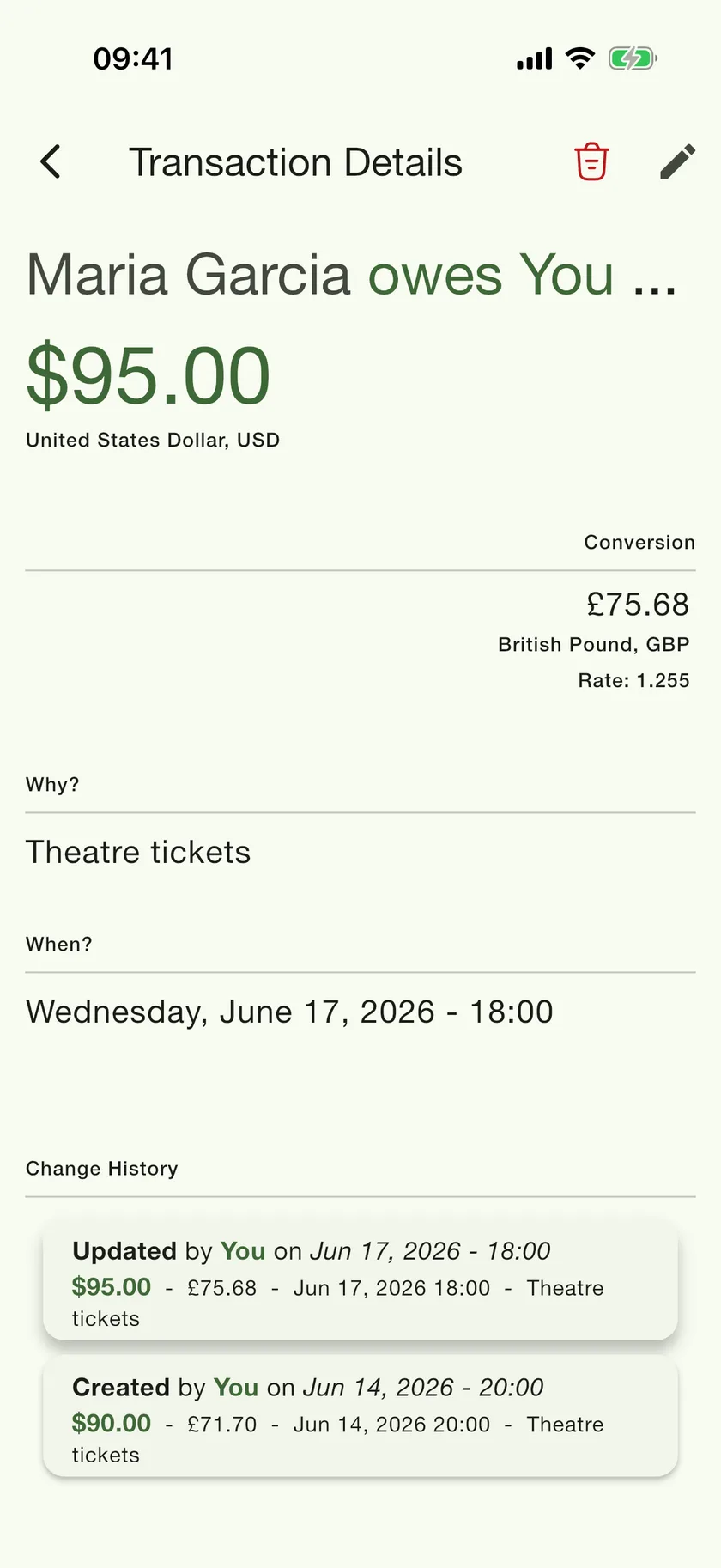 PayMeLater transaction details showing $95.00 converted to £75.68, with the reason, the date and a full change history